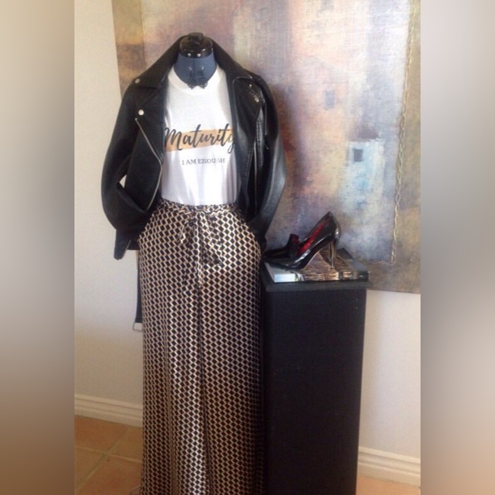 Chic Black, Tan and White Geometric Print Wide Leg Pants